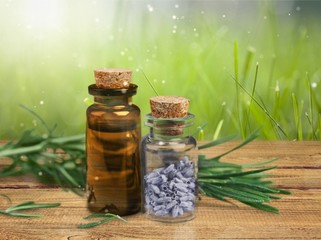 Rosemary  and lavender essential oil isolated on white