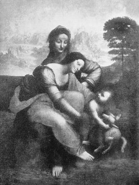 St. Anne and God's mother with a baby by Leonardo da Vinci in the vintage book Leonardo da Vinci by A.L. Volynskiy, St. Petersburg, 1899