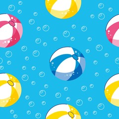 Fototapeta premium Colorful seamless summer pattern with hand drawn beach elements. Summer pool floating with balls. Seamless pattern. Vector illustration.
