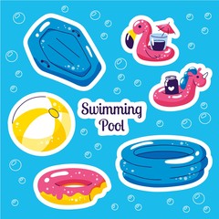 Inflatable swimming float stiskers. Cute water toys flamingo, ball, unicorn floats. Beach party vector summer stickers. Pool, sea and beach summer activities concept vector illustrations