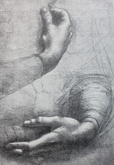 The sketch of hands (detail) by Leonardo da Vinci in the vintage book Leonardo da Vinci by A.L. Volynskiy, St. Petersburg, 1899