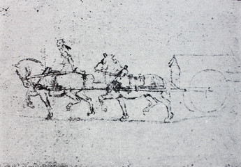 Sketches of horses in harness. Manuscripts of Leonardo da Vinci in the vintage book Leonardo da...