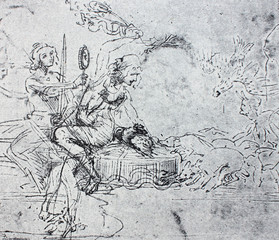 Drawing of women, bird, dogs. Allegory. By Leonardo da Vinci in the vintage book Leonardo da Vinci...