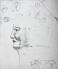 The sketch of the young man by  Leonardo da Vinci in the vintage book Leonardo da Vinci by A.L. Volynskiy, St. Petersburg, 1899