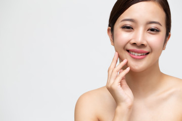 Happy beautiful young Asian woman with clean fresh skin, Girl beauty face care, Facial treatment and cosmetology spa concept