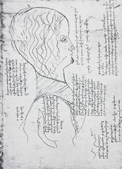 The sketch of the young man with letters by  Leonardo da Vinci in the vintage book Leonardo da...