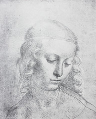 The sketch of young woman by Leonardo da Vinci in the vintage book Leonardo da Vinci by A.L. Volynskiy, St. Petersburg, 1899
