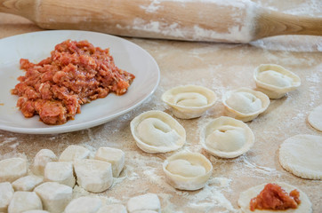 concept of cooking dumplings: dough, minced meat, flour, rolling pin on the kitchen table.