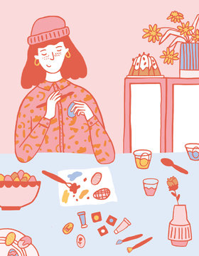  A fashion girl painting Easter eggs illustration