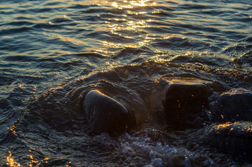 pebble stones on the sea beach, the rolling waves of the sea with foam