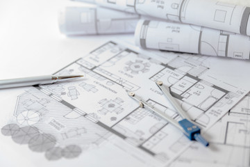 Naklejka na ściany i meble Bauplanung, Bauzeichnungen mit Stift und Zirkel