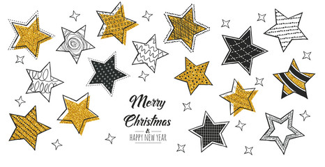 Set of hand drawn christmas stars. Decoration isolated elements. Doodles and sketches vector illustration