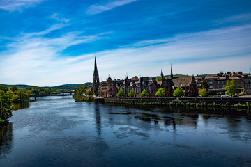 Panoramic view of Perth town. River Tay, Scotland, UK.