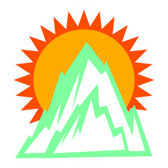 Simple, flat logo: mountains and rising sun isolated on white background