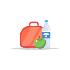 Lunchbox - meal container with water, and an apple. School meal, children's lunch. Vector illustration in flat style