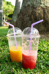 Two plastic glasses with mango juice and watermelon juice on a grass in a park.