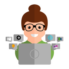 Community manager with a laptop and social media icons - Vector