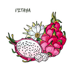 Pink pitaya.Summer tropical food for healthy lifestyle.Red dragon whole fruit and half,flower.