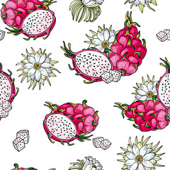 Pink pitaya.Seamless pattern.Summer tropical food for healthy lifestyle.Red dragon whole fruit and half,flower.