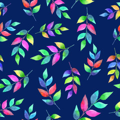Seamless  pattern with colorful leaves and branches on blue background. Fabric design. Hand-drawn watercolor illustration.
