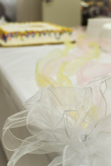 Fototapeta na wymiar Colorful laced ribbon on cake table