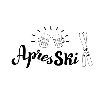 Hand drawn apres ski logo with beers and ski. Mountain resort banner. raster  format.