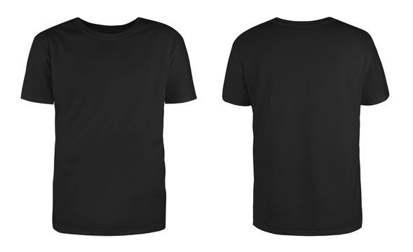 Men's black blank T-shirt template,from two sides, natural shape on invisible mannequin, for your design mockup for print, isolated on white background..