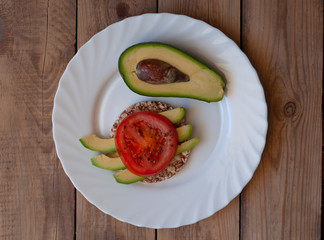 sandwich on a plate with avocado and tomatoes