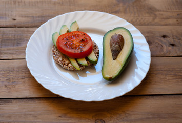 sandwich on a plate with avocado and tomatoes