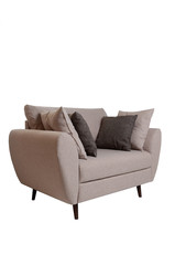 Modern small grey fabric sofa with pillows isolated on white background. Strict style furniture