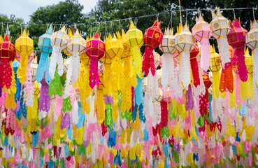 colorful hanging lanterns lighting in loy krathong festival at northern of thailand