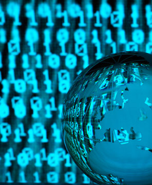 Global Cyber Crime, Glass globe illustrating the US with reflections of a infected cyber attack