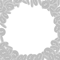 American dollar coins falling. Scattered black and