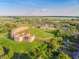 Fototapeta na wymiar Old destructed palace in Ruzhany, Belarus. Brest region. Drone aerial photo