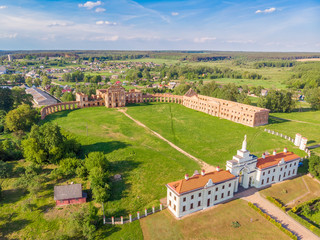 Old destructed palace in Ruzhany, Belarus. Brest region. Drone aerial photo