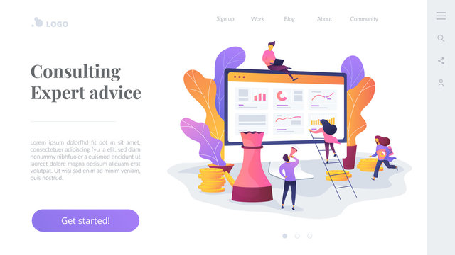 Consulting, expert advice, business strategy and support concept on white background. Website interface UI template. Landing web page with infographic concept creative hero header image.