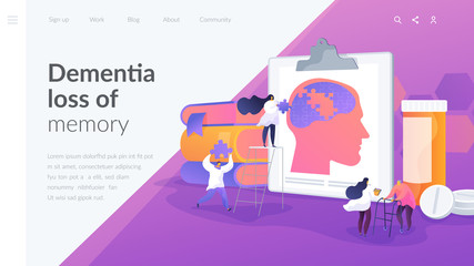 Memory loss, brain illness treatment, therapy. Elderly people mental disorders. Caregivers with patients. Alzheimer s disease, dementia, dotage concept. Website homepage header landing web page