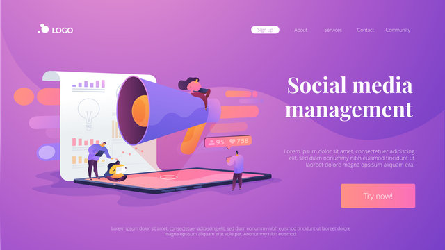Social media management, company SMM strategy, digital marketing tool concept. Website homepage header landing web page template.