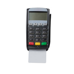 Point of sale terminal cards payments. Close up photo of POS payment terminal isolated on white background. Concept for banking, finance and payment systems.