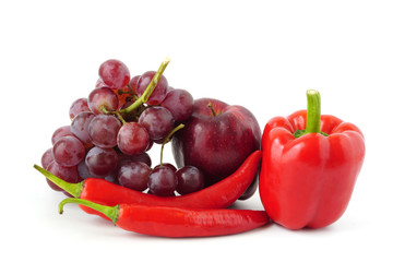Healthy Food set red fruits and vegetables apple, pepper, grape,sweet pepper Benefits of antioxidants isolated on white background