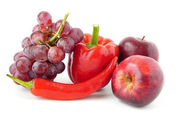 Healthy Food set red fruits and vegetables apple, pepper, grape,sweet pepper Benefits of antioxidants isolated on white background