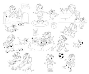 Cute little boy's day. Schedule. Coloring book. Coloring page. Cute and funny cartoon characters. Illustration for children