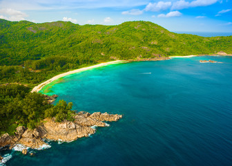 Aerial view of the tropical Mahe Island and beautiful lagoons