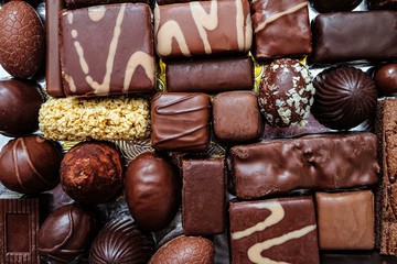 Сhocolate candy set. Lots of various sweet candies. Sweet desserts. Top view.