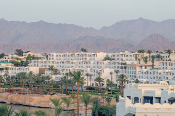 Fototapeta na wymiar Resort hotels on a background of mountains, Sharm el-Sheikh, Egypt