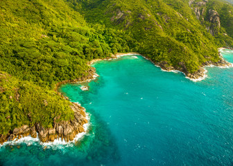 Fototapeta na wymiar Aerial view of the tropical Mahe Island and beautiful lagoons