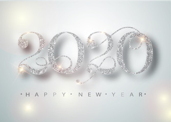 Happy New Year 2020 Greeting Card with Silver Numbers and Confetti Frame on White Background. Vector Illustration. Merry Christmas Flyer or Poster Design. Vector 10 EPS.