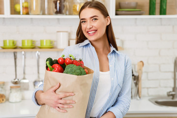 Diet Concept. Woman Holding Shopping Bag With Vegetables