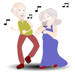Elderly couples were singing.Flat cute cartoon character on white isolated background. Illustration of people face smiling and laughing.Activities for seniors.Life to be happy.