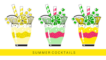 Summer cocktail with fruit. Sketch set.